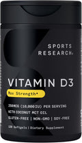 Sports Research® Vitamina D3 10.000 UI (250 mcg) con Aceite MCT de Coco - 120 Cápsulas Blandas