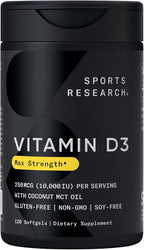 Sports Research® Vitamina D3 10.000 UI (250 mcg) con Aceite MCT de Coco - 120 Cápsulas Blandas