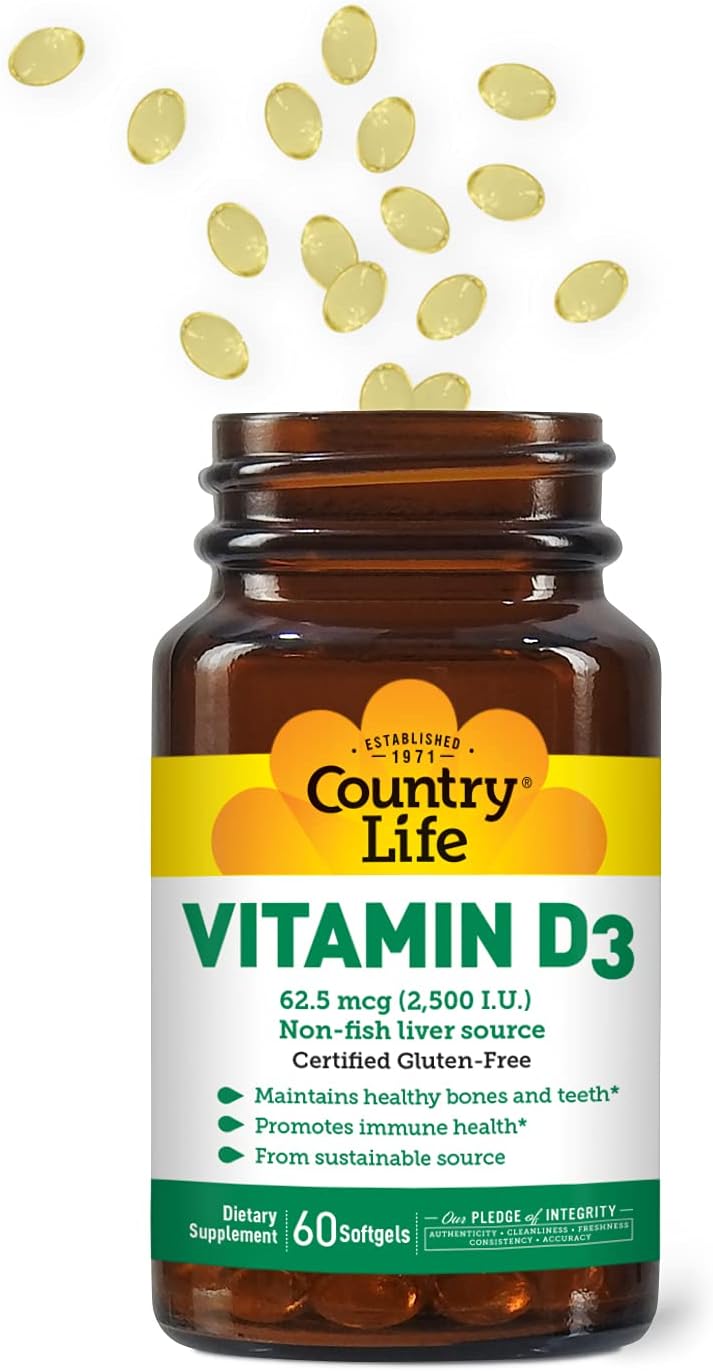 Country Life Vitamina D3 2500 UI – 60 Cápsulas Blandas Sin Gluten