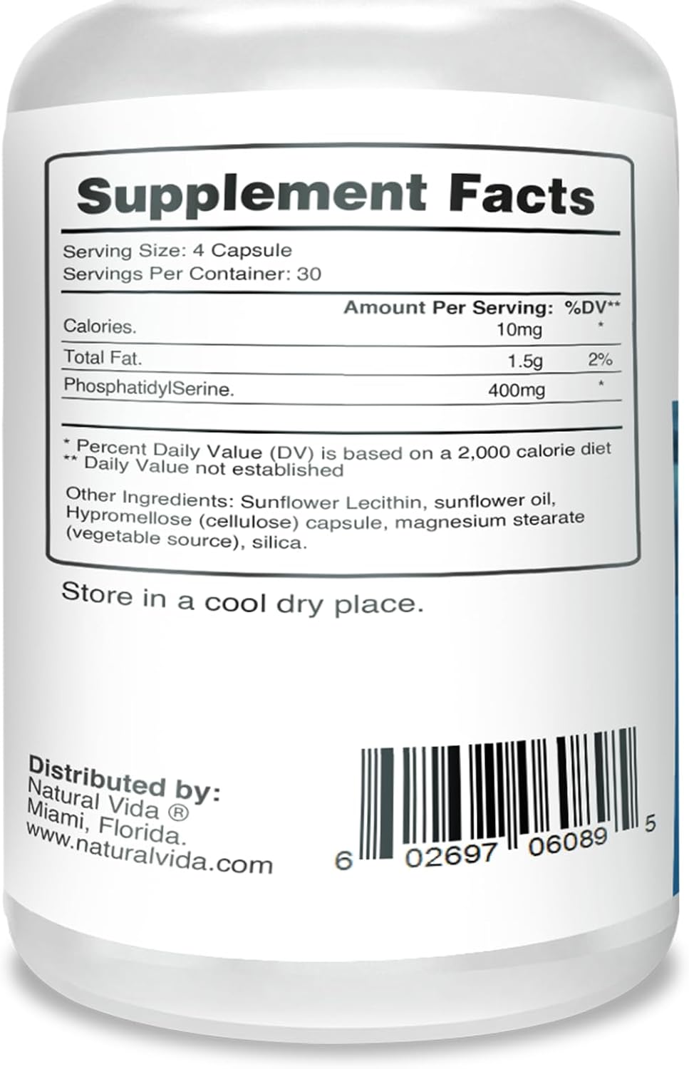 Natural Vida Fosfatidilserina 400 mg – 120 Cápsulas Vegetales (30 Dosis) – Sin Soja