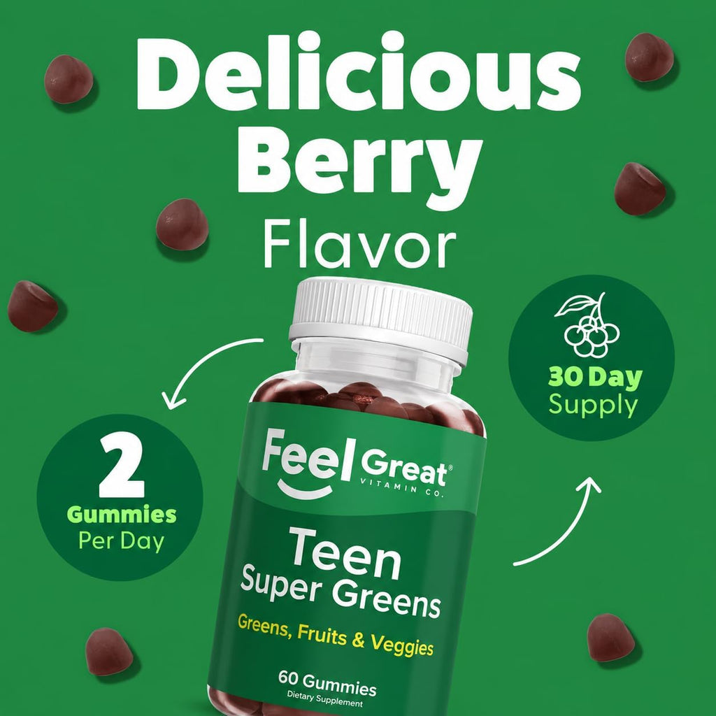 Feel Great Super Green Gummies Teen Vitamins | Gominolas Multivitamínicas Veganas para Adolescentes | Suplemento de Frutas y Verduras | 60 Unidades