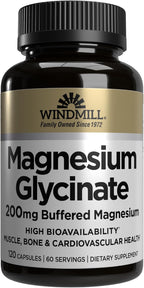 Windmill Magnesio Glicinato 200mg – Alta Absorción – 120 Cápsulas – Sin Gluten, Vegano, No-GMO