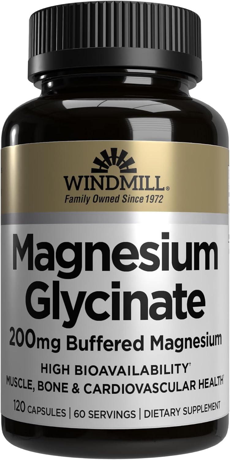 Windmill Magnesio Glicinato 200mg – Alta Absorción – 120 Cápsulas – Sin Gluten, Vegano, No-GMO
