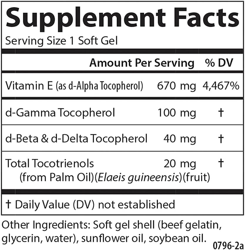 Carlson - E-Gems Elite, 1000 UI (670 mg) Vitamina E con Tocoferoles y Tocotrienoles, Bienestar Óptimo, 60 Cápsulas Blandas