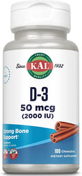KAL Vitamina D3 Masticable 2000 UI (50 mcg) - Sabor Canela Natural - Sin Azúcar - 100 Comprimidos