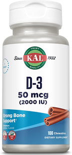 KAL Vitamina D3 Masticable 2000 UI (50 mcg) - Sabor Canela Natural - Sin Azúcar - 100 Comprimidos