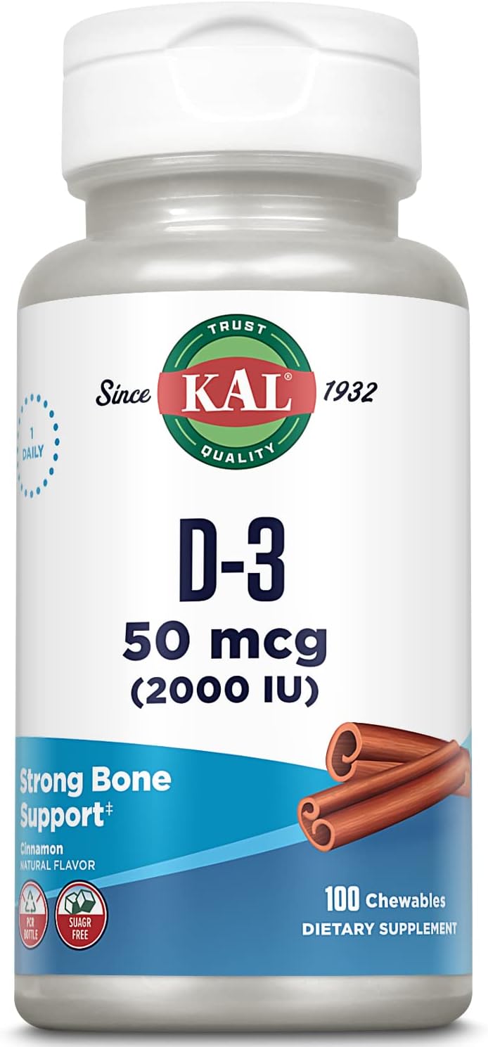 KAL Vitamina D3 Masticable 2000 UI (50 mcg) - Sabor Canela Natural - Sin Azúcar - 100 Comprimidos