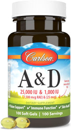 Carlson A y D, 25000 UI (7500 mcg RAE) Vitamina A, 1000 UI (25 mcg) Vitamina D3, 100 Cápsulas Blandas