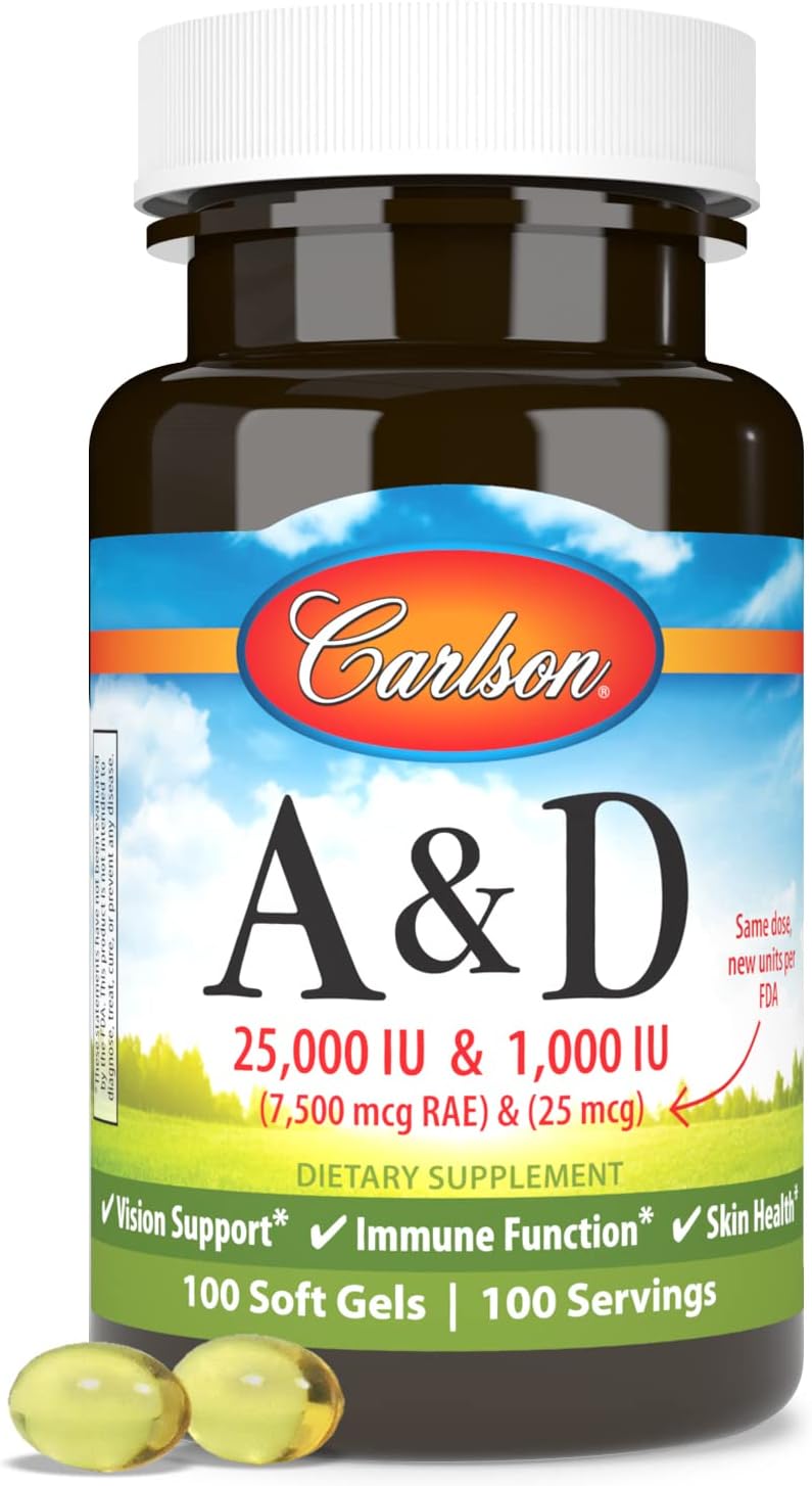 Carlson A y D, 25000 UI (7500 mcg RAE) Vitamina A, 1000 UI (25 mcg) Vitamina D3, 100 Cápsulas Blandas