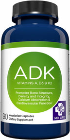 MD.LIFE Suplemento ADK – Complejo de Vitaminas A, D3 y K2 – 90 Cápsulas – Alta Potencia
