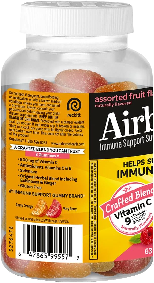 Airborne Gominolas de Vitamina C + Zinc para Niños, 500mg, Sabor Frutas Variadas, Sin Gluten, 126 Gominolas (2 Paquetes)