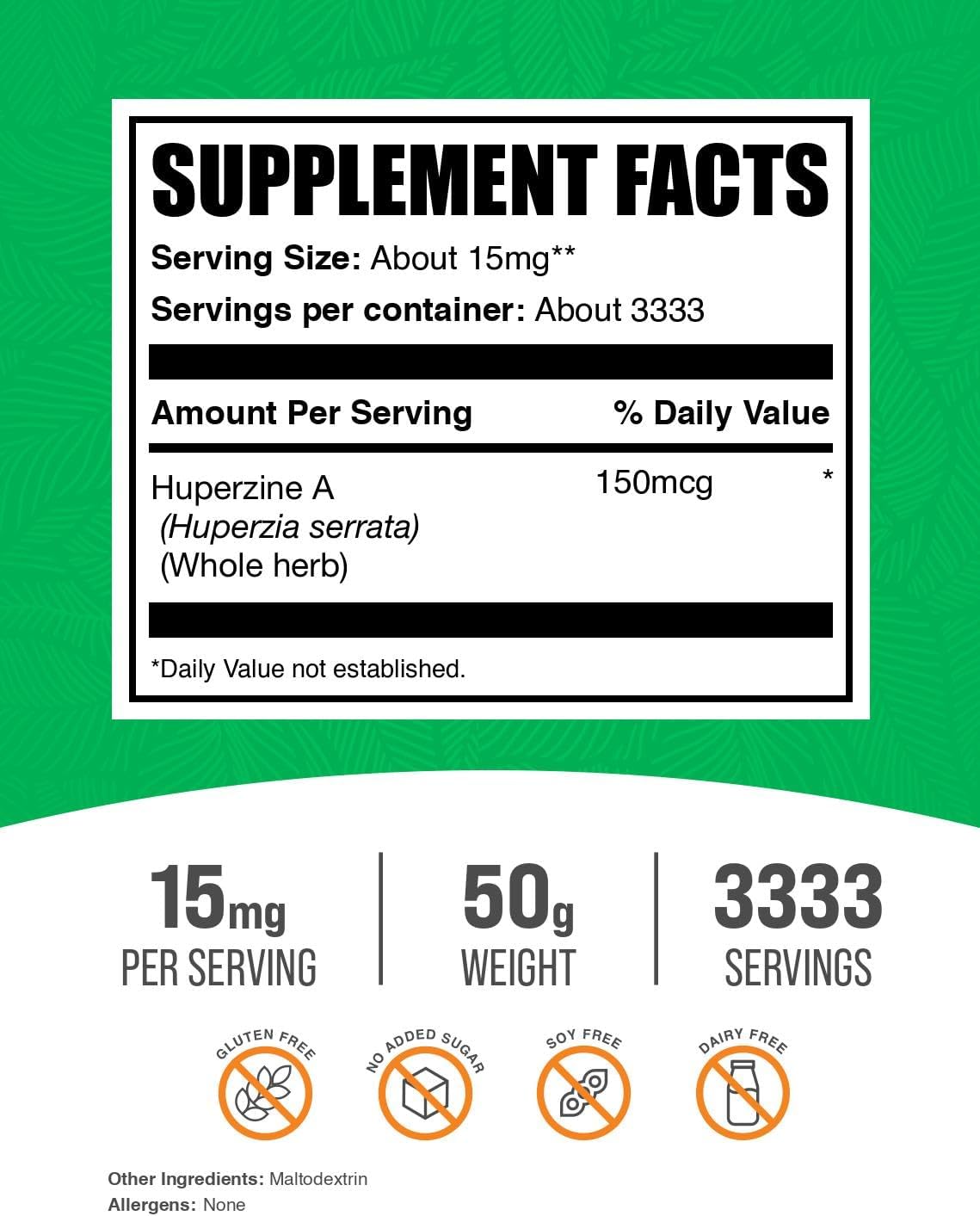 Huperzina A en Polvo - Suplemento Nootrópico de Huperzia Serrata, 15mg por porción, 50g