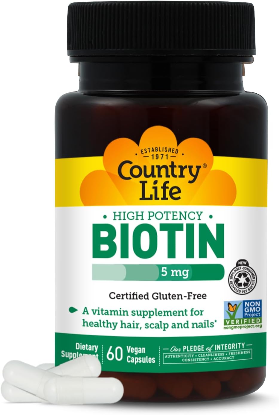 Country Life Biotina Alta Potencia 5 mg - 120 comprimidos - Sin gluten, vegano, sin OGM