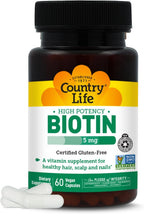 Country Life Biotina Alta Potencia 5 mg - 120 comprimidos - Sin gluten, vegano, sin OGM