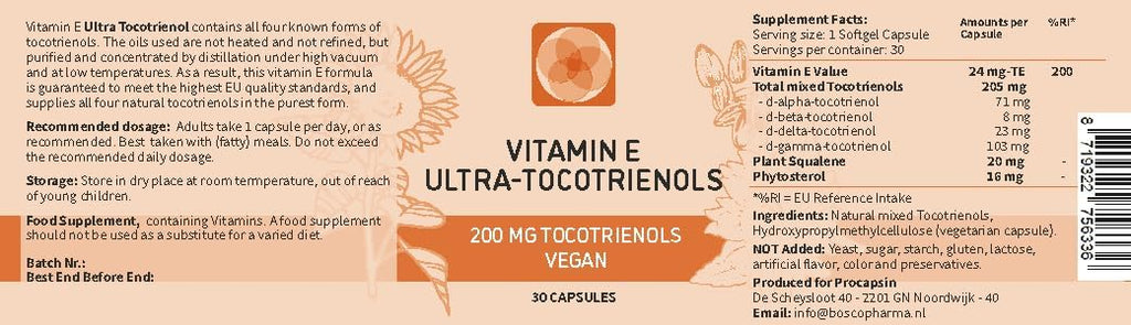 Procapsin Ultra Tocotrienol 200mg Vitamina E Vegano – Todos los 4 tocotrienoles (30 cápsulas)