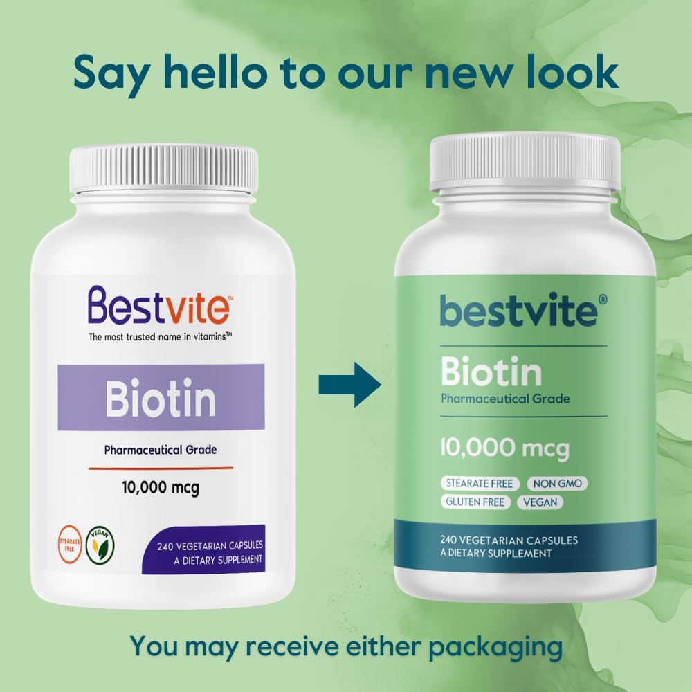 BESTVITE Biotina 10,000mcg (240 Cápsulas Vegetarianas) - Sin Estearatos - Sin Fosfato Dicálcico - Vegano - No GMO - Sin Gluten