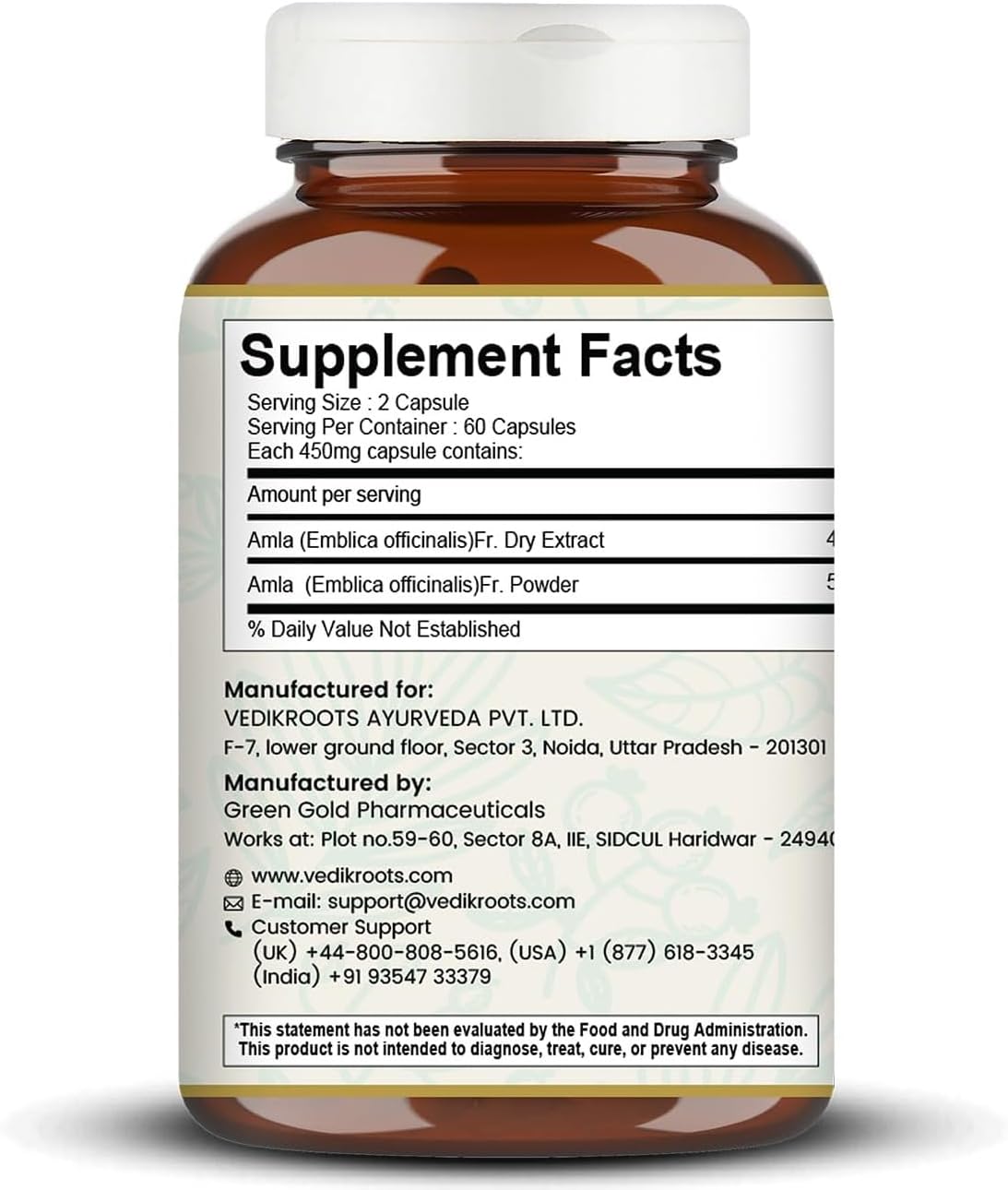 VEDIKROOTS Cápsulas de Amla 100% Orgánicas - Fuente Natural de Vitamina C - Complemento Alimenticio Herbal (60 Cápsulas, Pack de 2)