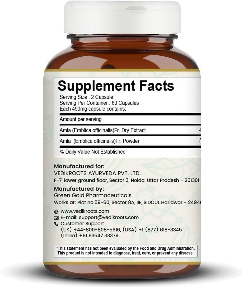 VEDIKROOTS Amla Cápsulas 100% Orgánicas - Potenciador de Inmunidad - Fuente Natural de Vitamina C - Suplemento Herbal (60 Cápsulas, Pack de 3)
