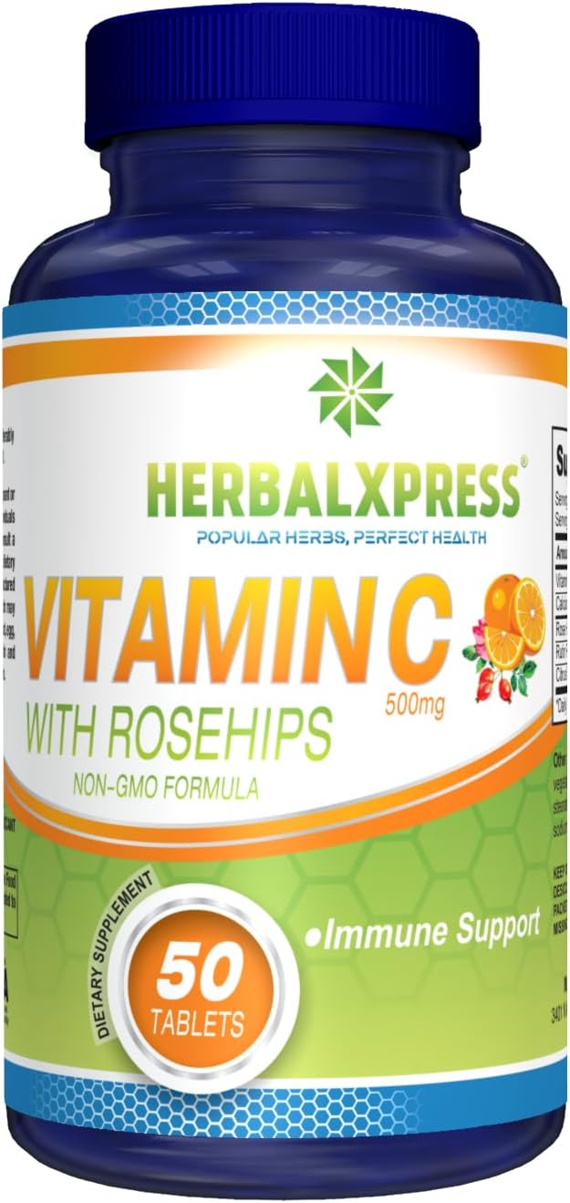 Herbalxpress Vitamina C 500 mg con Escaramujo, Ácido Ascórbico y Bioflavonoides Cítricos, 50 Comprimidos