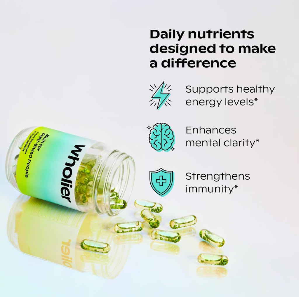 wholier Multi for Plant Based People - Multivitamínico vegano con Omega 3, B12, D3, Hierro, 60 cápsulas