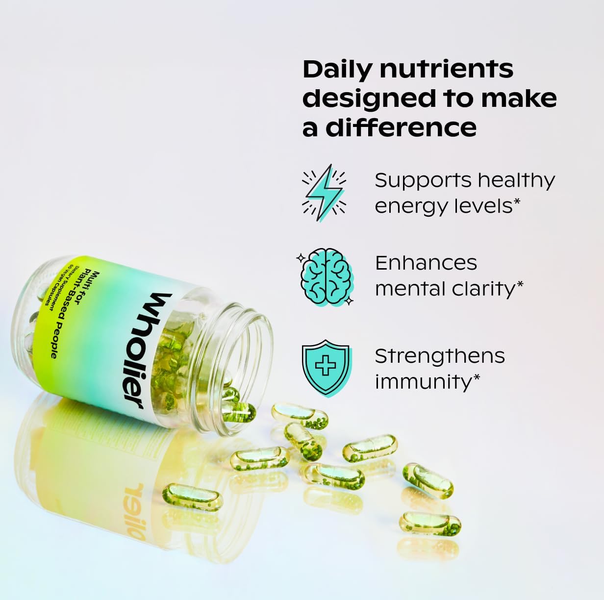 wholier Multi for Plant Based People - Multivitamínico vegano con Omega 3, B12, D3, Hierro, 60 cápsulas