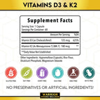 Warrior Strong Wellness Suplemento de Vitamina D3 y K2 - 5000 UI D3 + 180 mcg K2 MK-7 - Apoyo óseo - 2 meses, 60 cápsulas veganas