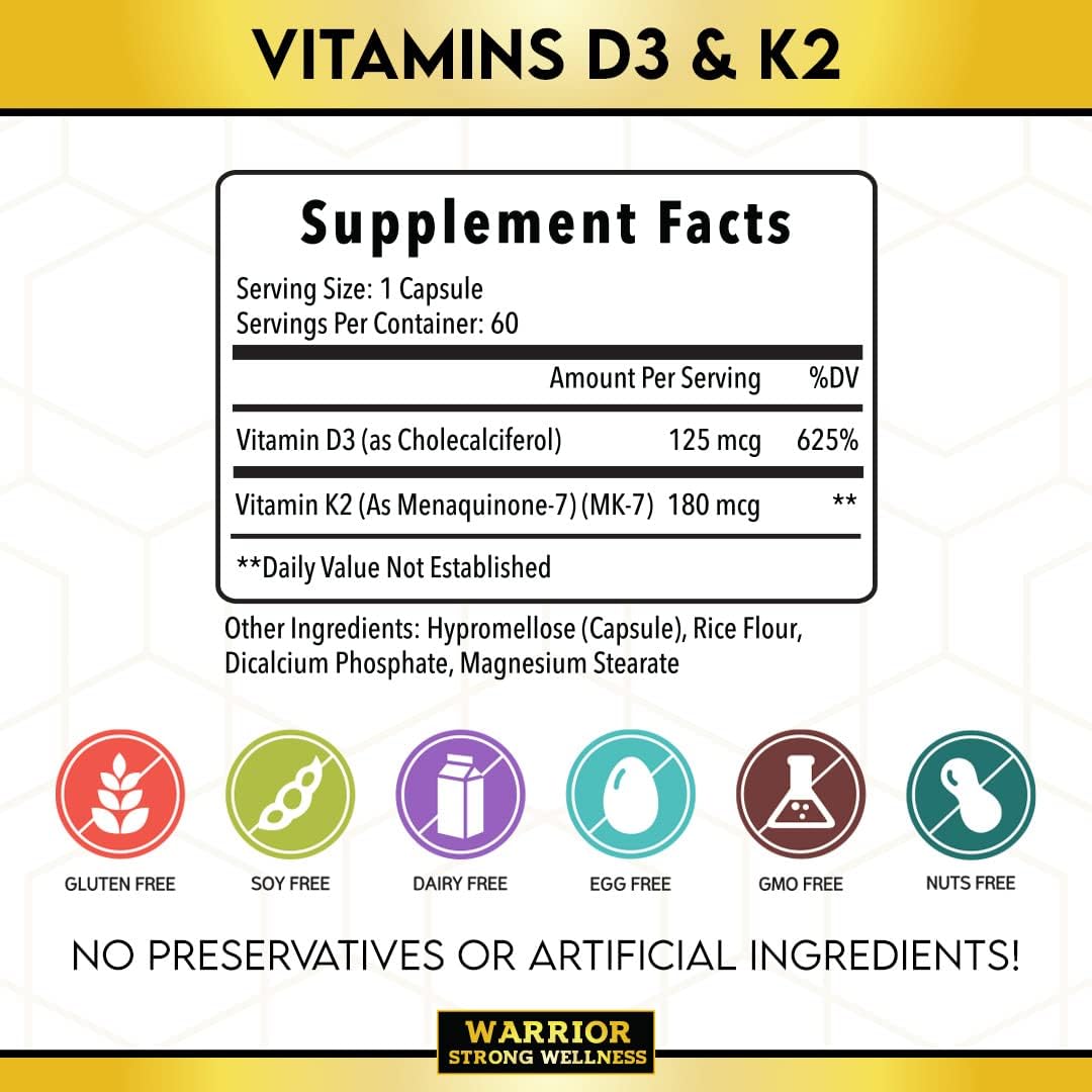 Vitamina D3 y K2 5000 UI / 180 mcg - 60 Cápsulas Veganas