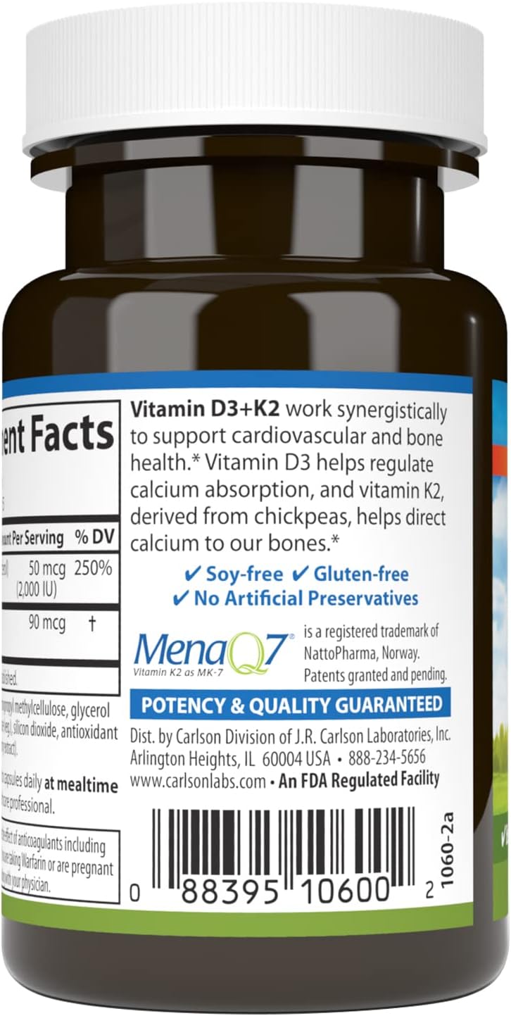 Carlson - Vitamina D3 + K2, 2000 UI (50 mcg) de D3 y 90 mcg de K2 MK-7, 30 Cápsulas