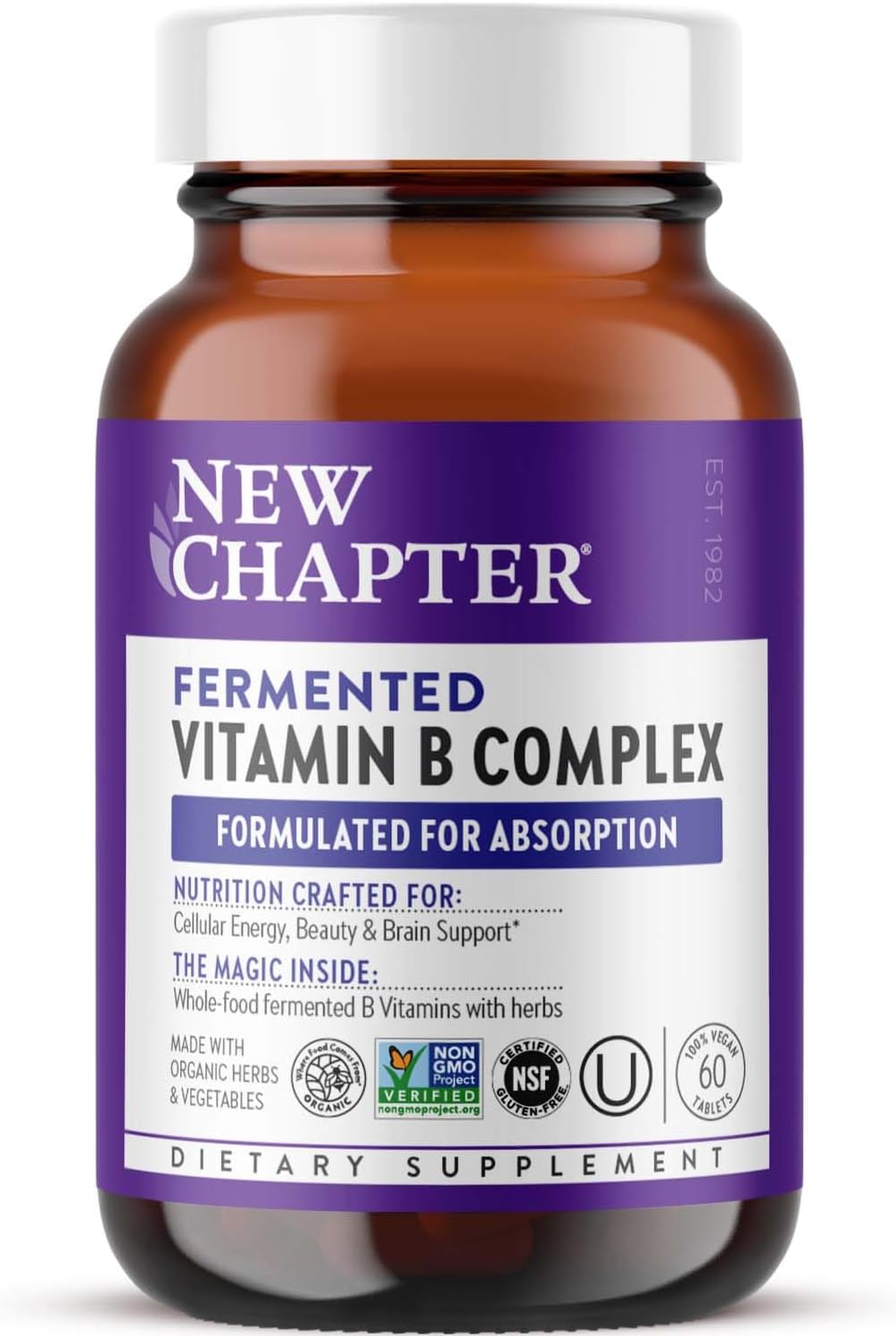New Chapter Complejo Vitamina B Fermentado – 60 Cápsulas – 1 al Día – Vegano y Ecológico