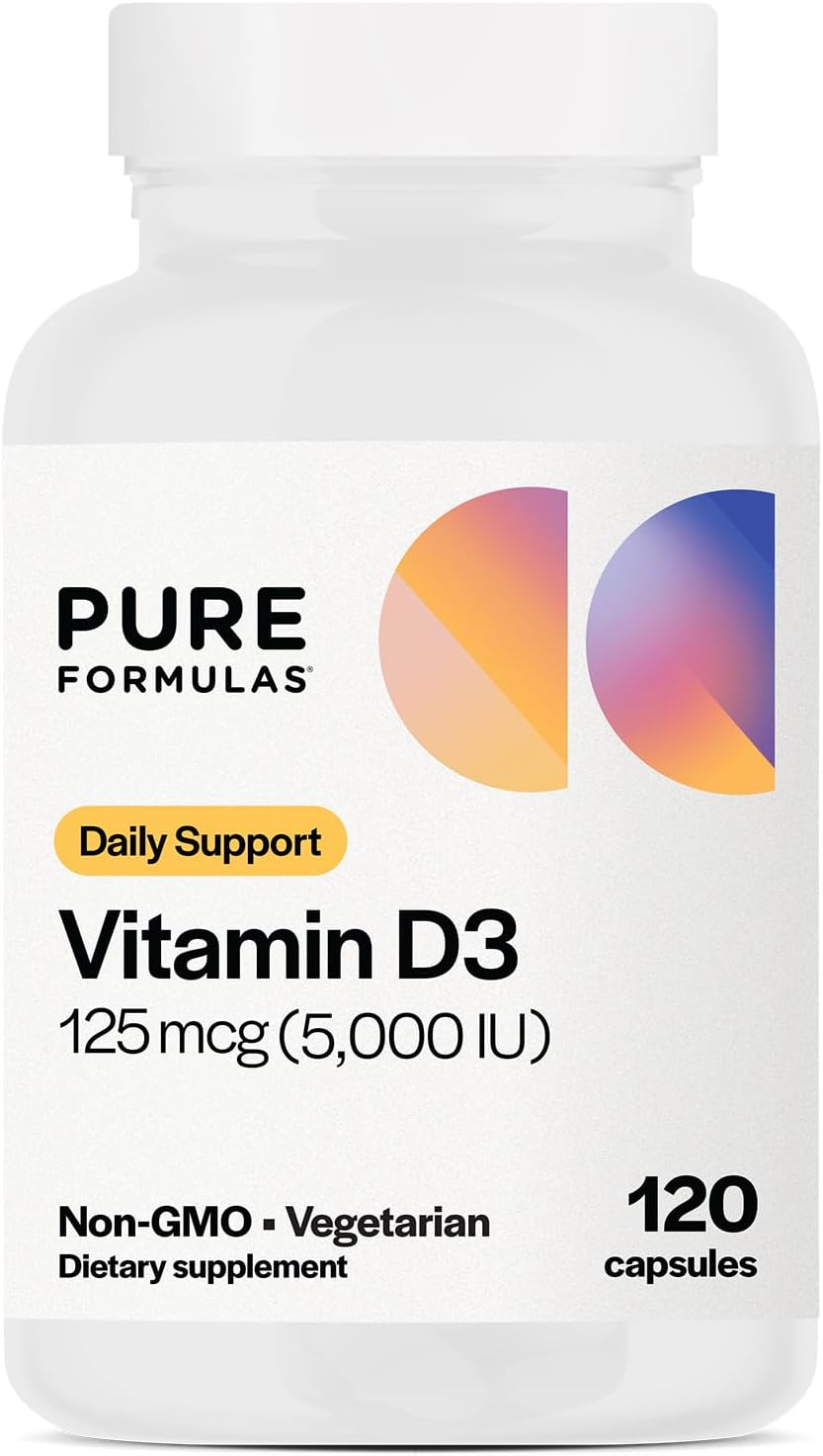 PureFormulas Vitamina D3 5000 IU (125 mcg) - Suplemento de Vitamina D para la Salud Ósea e Inmunitaria - Cápsulas Vegetarianas No Transgénicas - 120 Cápsulas