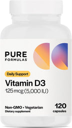 PureFormulas Vitamina D3 5000 IU (125 mcg) - Suplemento de Vitamina D para la Salud Ósea e Inmunitaria - Cápsulas Vegetarianas No Transgénicas - 120 Cápsulas