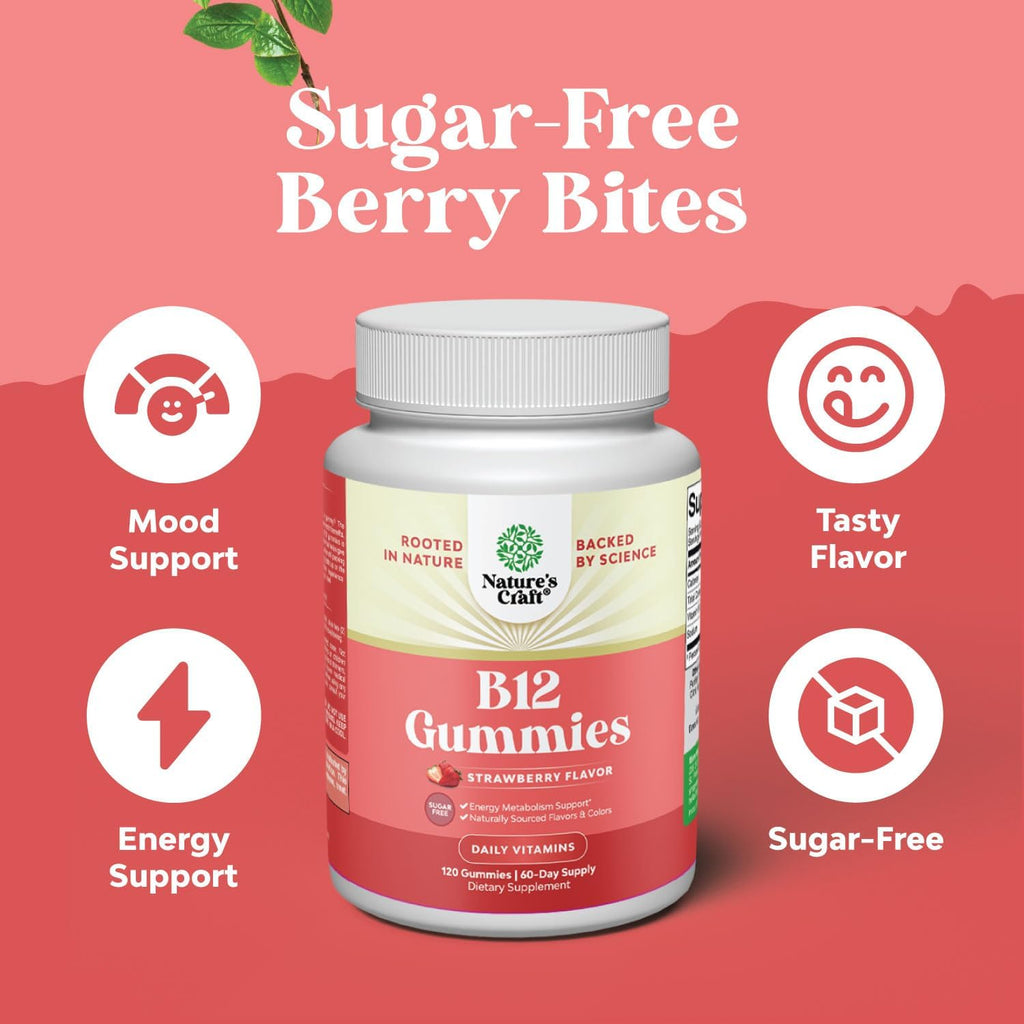 Natures Craft - Gomitas de Vitamina B12 1000 mcg sin Azúcar para Adultos (120 unidades)
