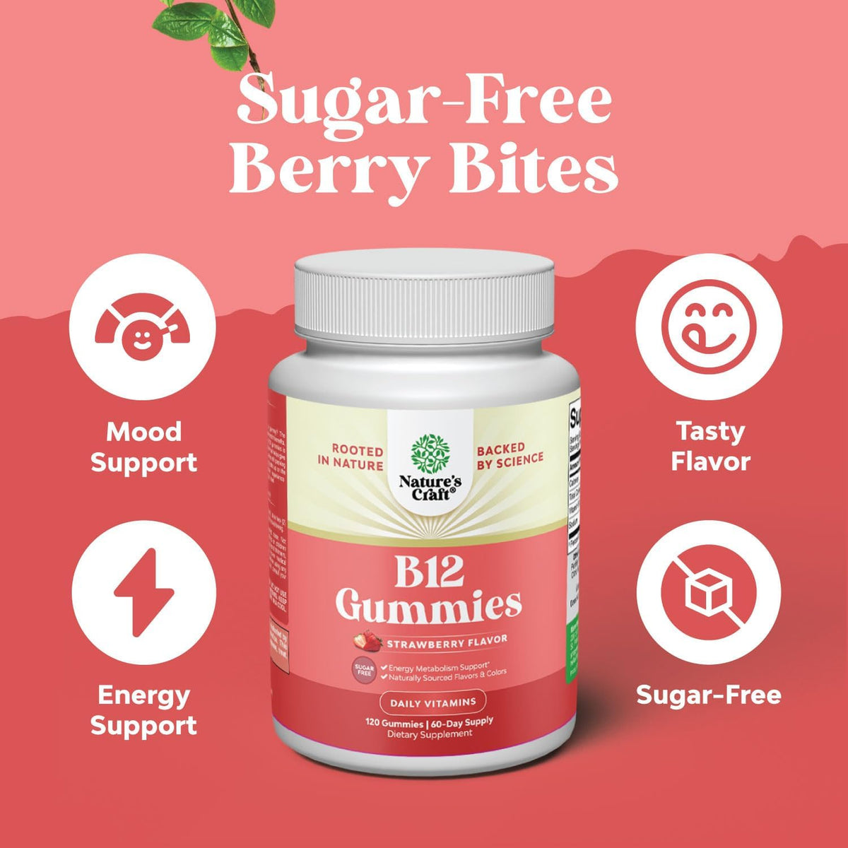 Natures Craft - Gomitas de Vitamina B12 1000 mcg sin Azúcar para Adultos (120 unidades) – Image 2