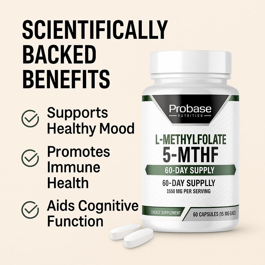 Probase Nutrition Professional Strength L-Methyl Folate 15mg - Active 5-MTHF Form - Supports Mood, Methylation, Cognition - Bioavailable Vitamin B9 (60 Capsules) - Vegan, Non-GMO, Gluten-Free