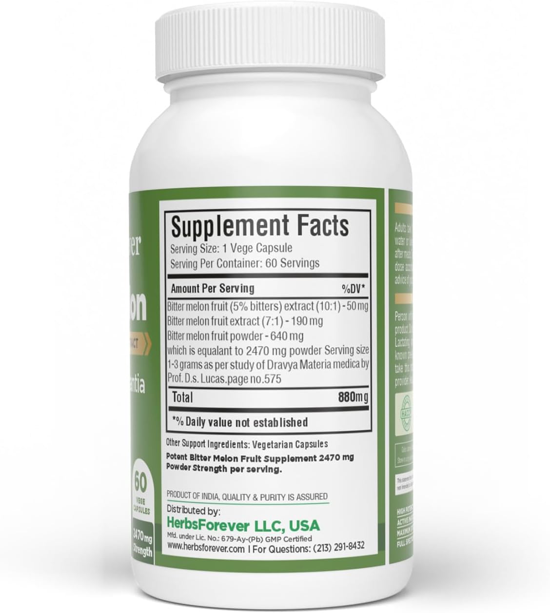 HerbsForever Melón Amargo Concentrado de Alta Potencia (10:1) - 60 Cápsulas Vegetales, 880mg