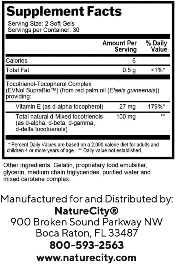 NatureCity True-E Vitamina E con Tocotrienoles y Alfa-Tocoferol Natural, 120 Cápsulas Blandas