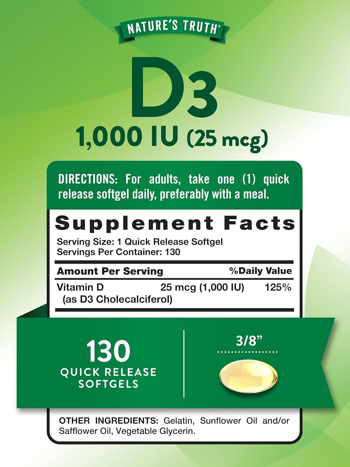 Nature's Truth Vitamina D3 1000 UI, 130 comprimidos (Pack de 3)