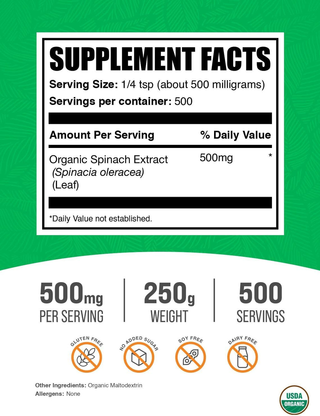 BulkSupplements.com Organic Spinach Extract Powder - 500mg per Serving, 250g (8.8 oz)