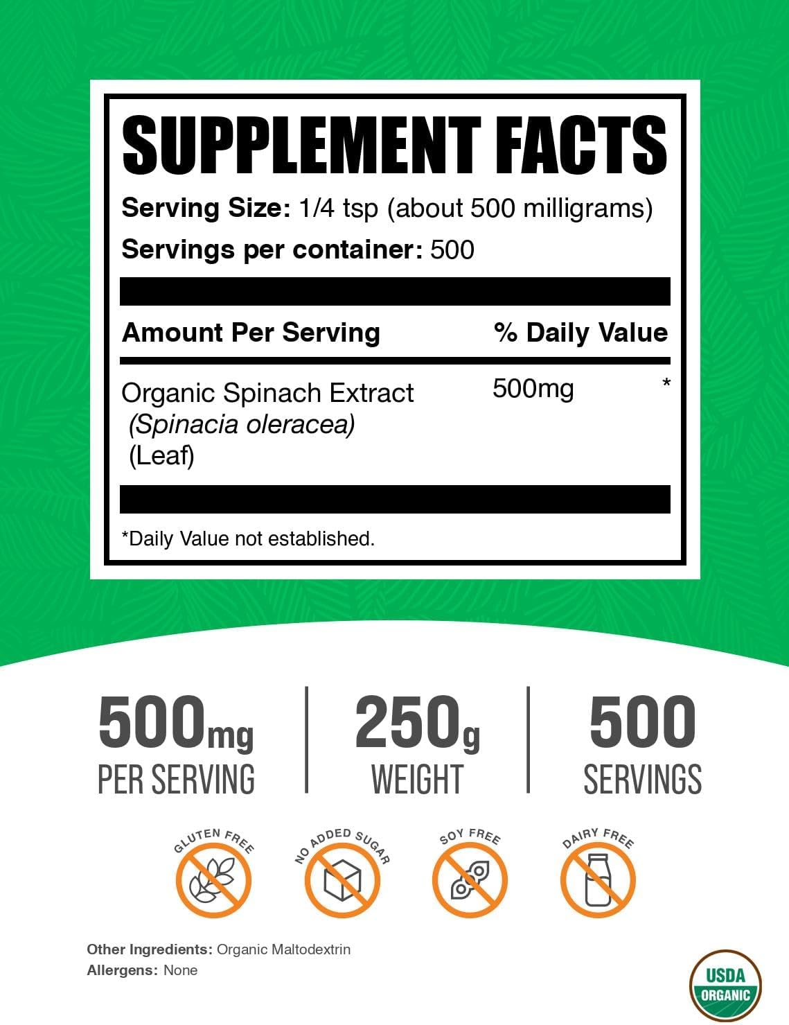 BulkSupplements.com Organic Spinach Extract Powder - 500mg per Serving, 250g (8.8 oz)