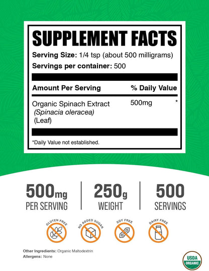 BulkSupplements.com Extracto Orgánico de Espinaca en Polvo - 500mg por Ración, 250g (8.8 oz) – Image 2