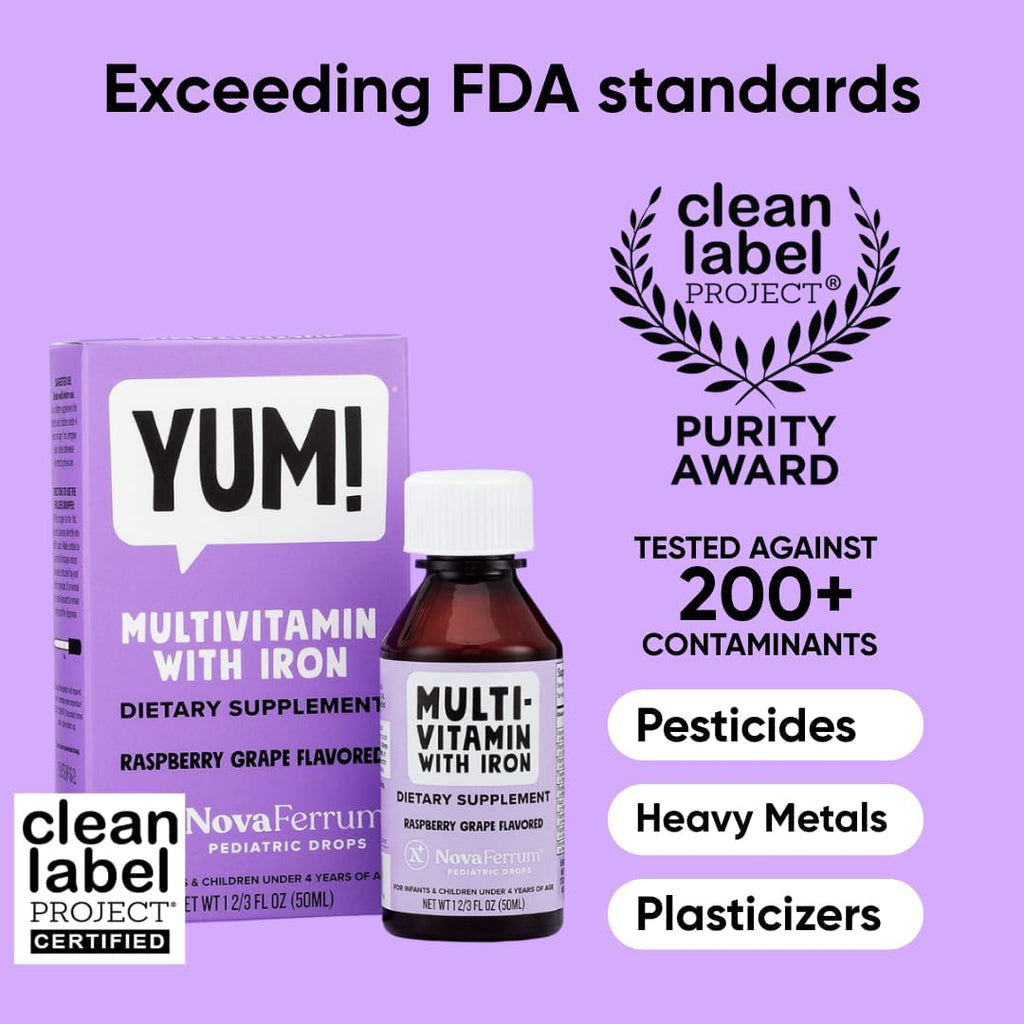 NovaFerrum Yum | Multivitamínico con Hierro para Bebés, Niños Pequeños y Niños hasta 4 Años | Apoyo Inmunológico | Certificado Sin Gluten | Sin Azúcar | Sabor Uva y Frambuesa | 120 Dosis
