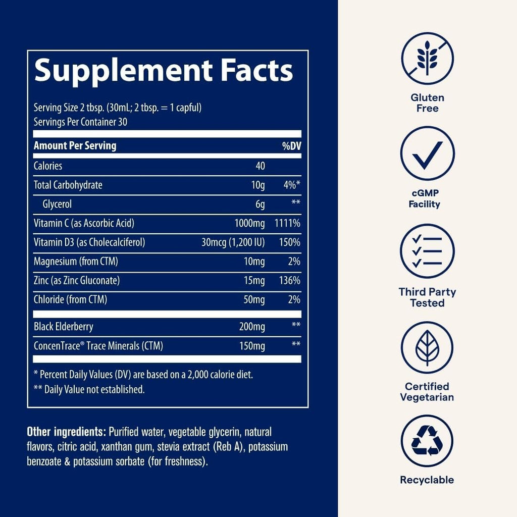 Trace Minerals Liquid Immunity+ con Saúco, Zinc, Vitaminas C y D – 887 ml