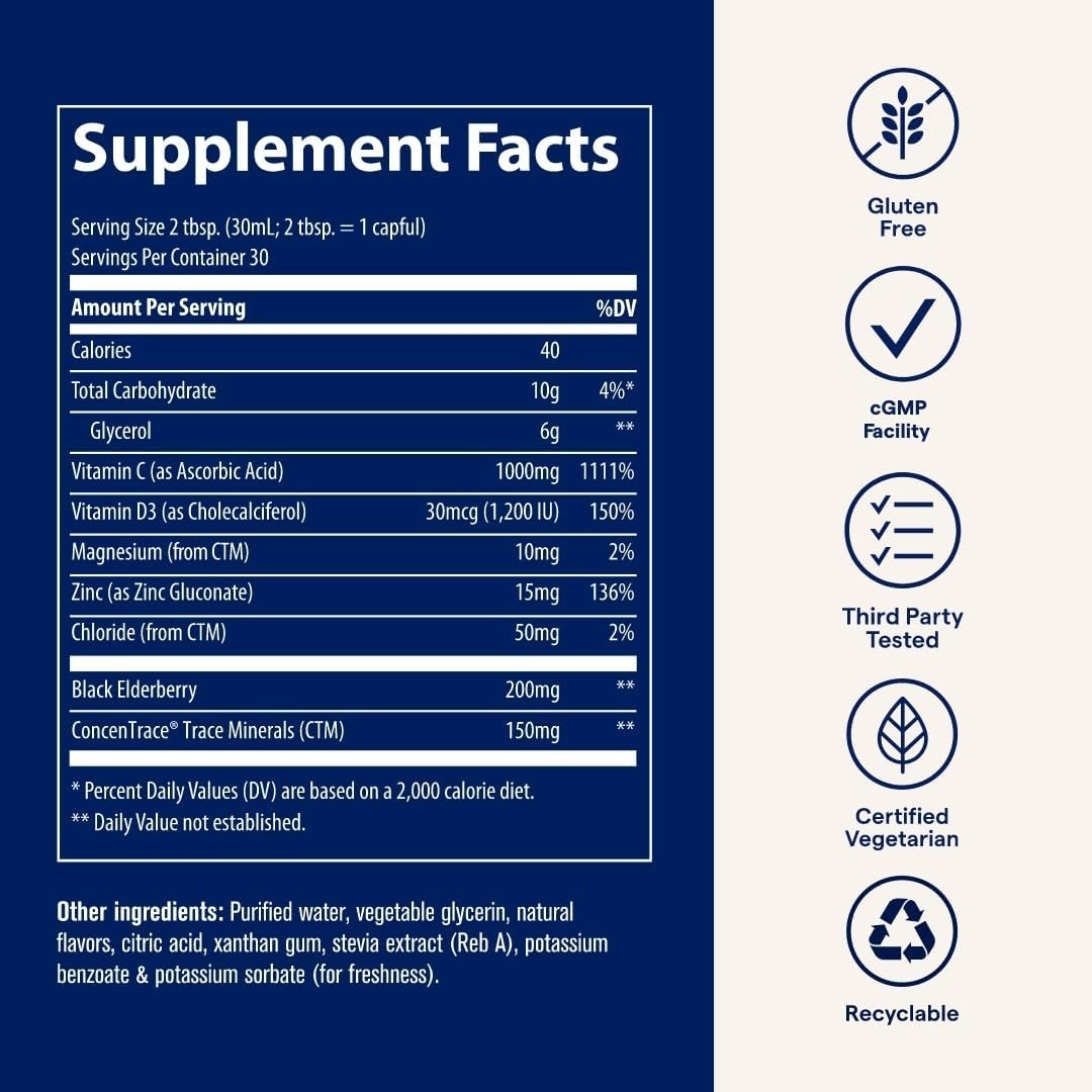 Trace Minerals Liquid Immunity+ con Saúco, Zinc, Vitaminas C y D – 887 ml