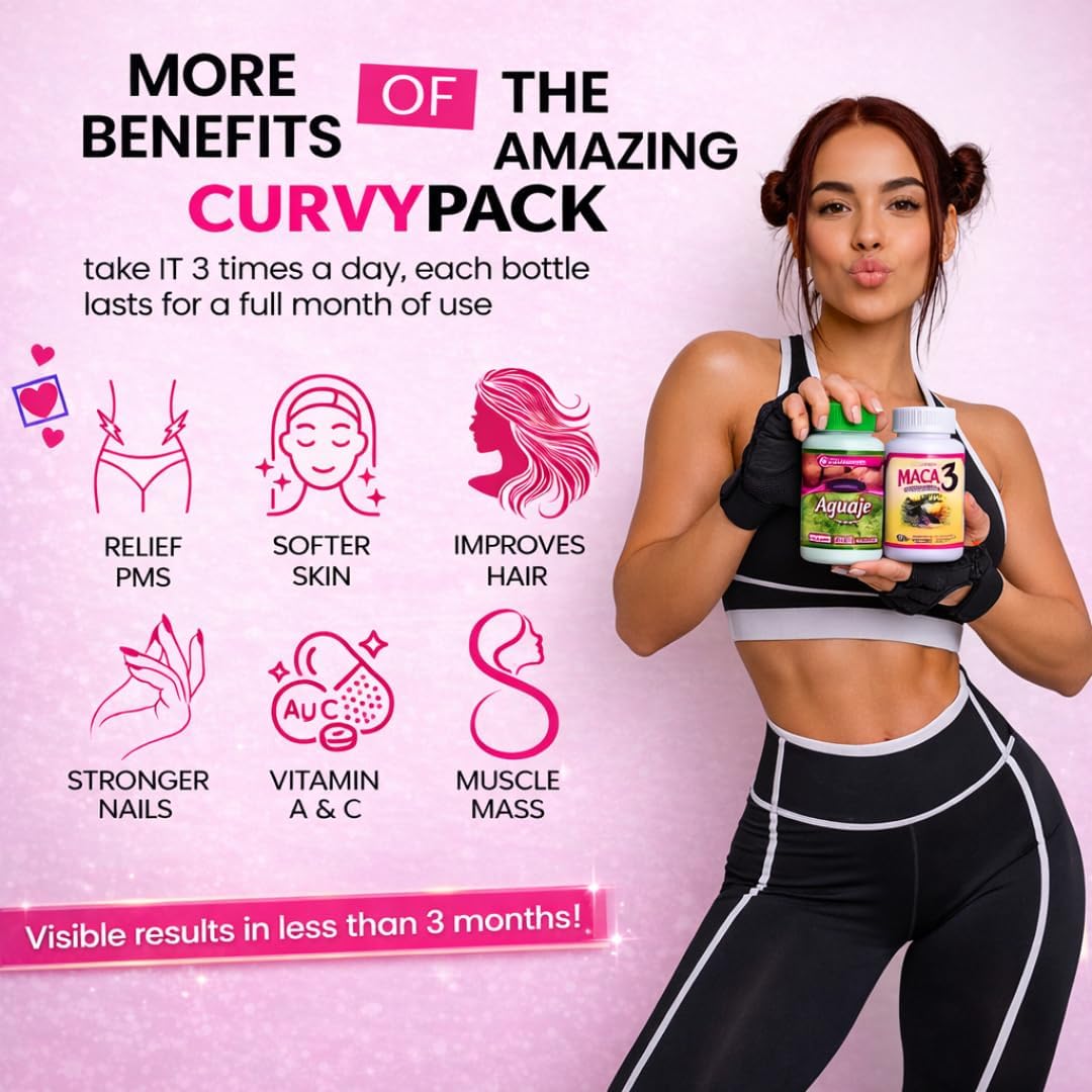 Curvy Pack – Aguaje + Maca 3 Cápsulas para Curvas Femeninas – Apoyo Hormonal Natural – 1 Mes de Suministro