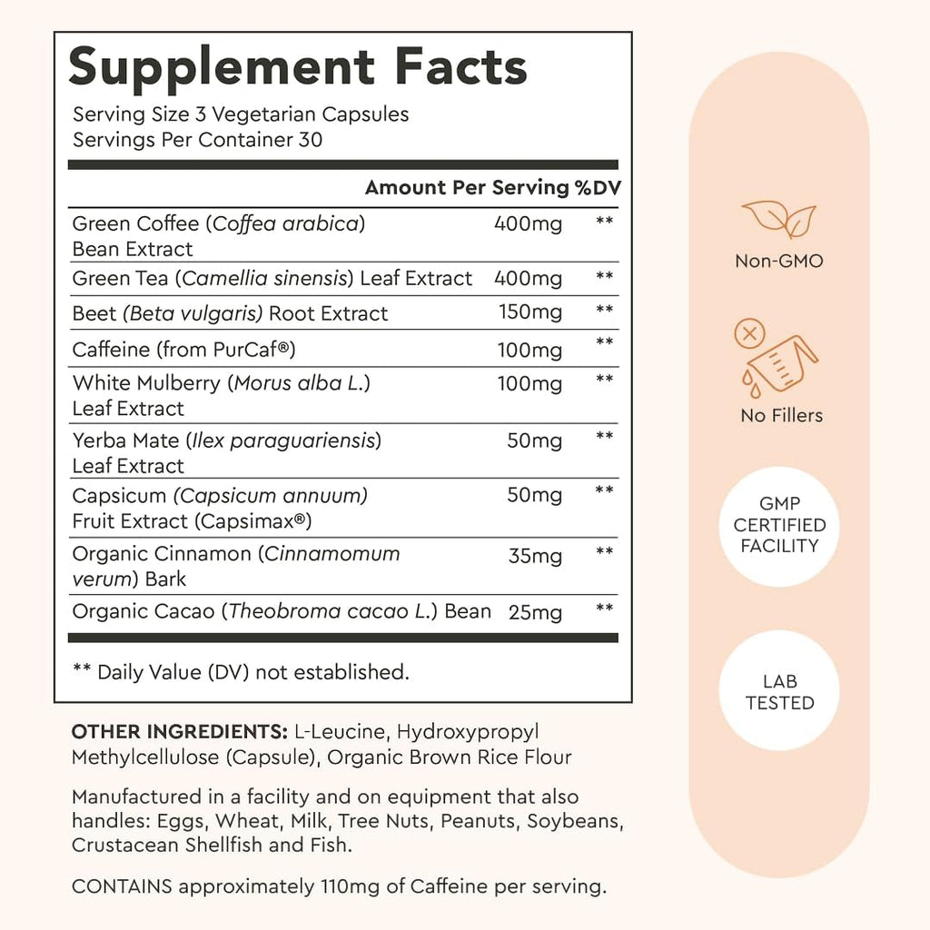 Alaya Naturals Metabolism+ - Energía Natural con Té Verde, Canela, Remolacha y Cafeína - 90 Cápsulas