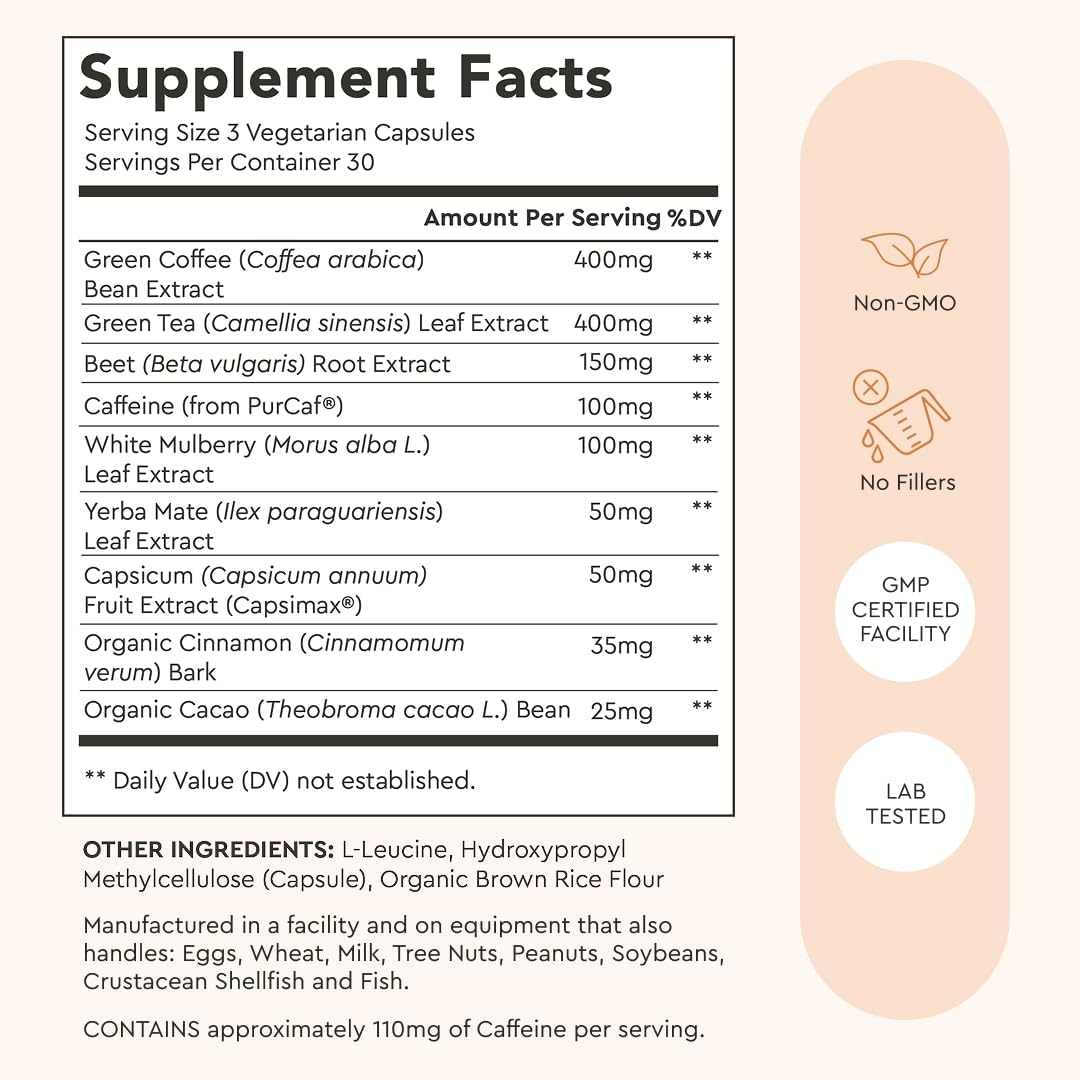 Alaya Naturals Metabolism+ - Energía Natural con Té Verde, Canela, Remolacha y Cafeína - 90 Cápsulas