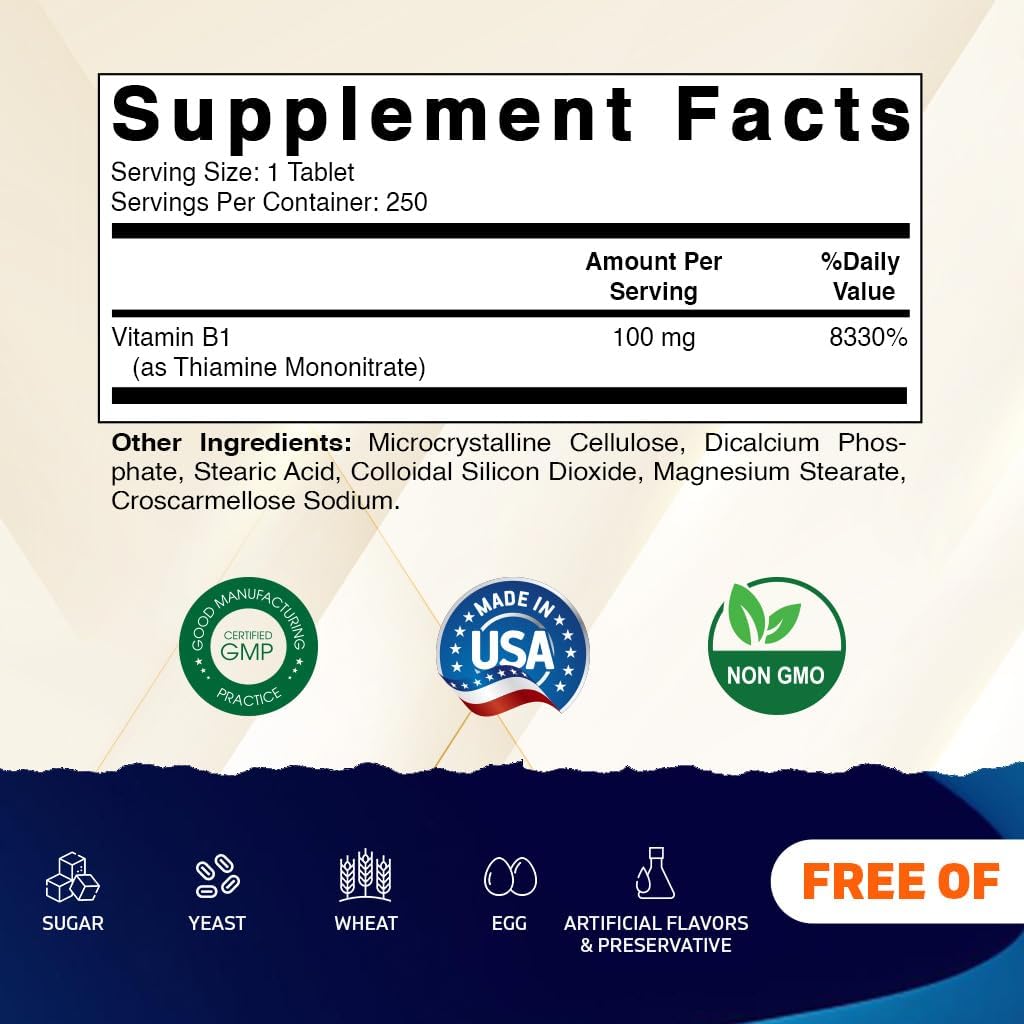 Vitamina B1 (Tiamina Mononitrato) 100 mg – 250 Comprimidos Vegetales