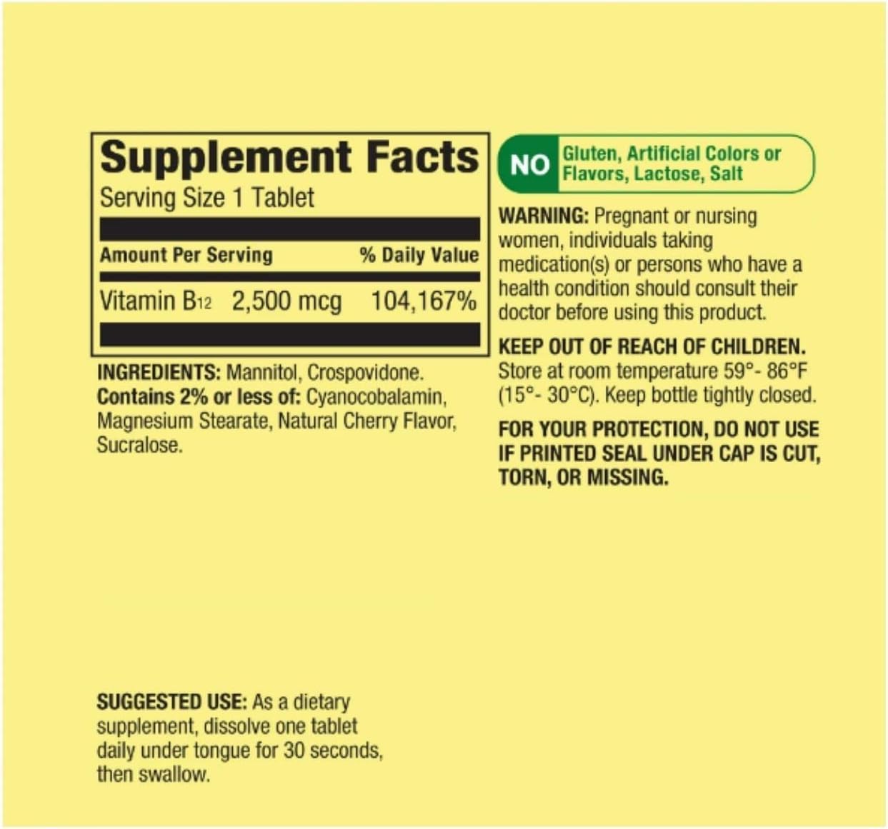 Vitamina B12 Comprimidos Sublinguales 2.500 mcg, Sabor Cereza, 120 Unidades