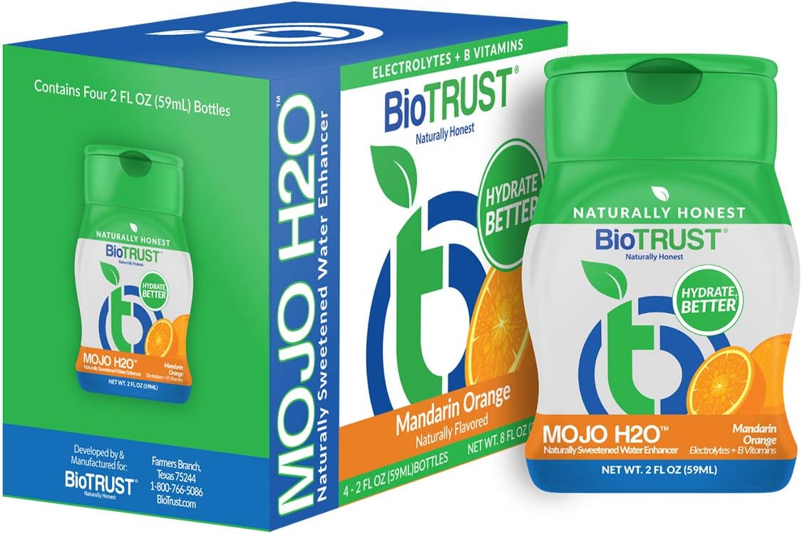 BioTrust Mojo H2O Gotas Saborizantes de Agua Naturales con Vitaminas B y Electrolitos, Sin Azúcar, Sabor Sandía y Fresa, Pack de 4