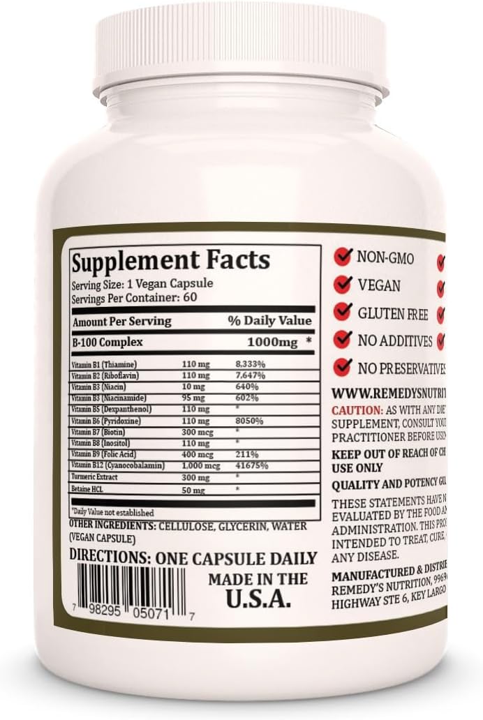 Complejo B-100 de Remedy's Nutrition | 1000 mg, 60 Cápsulas Veganas